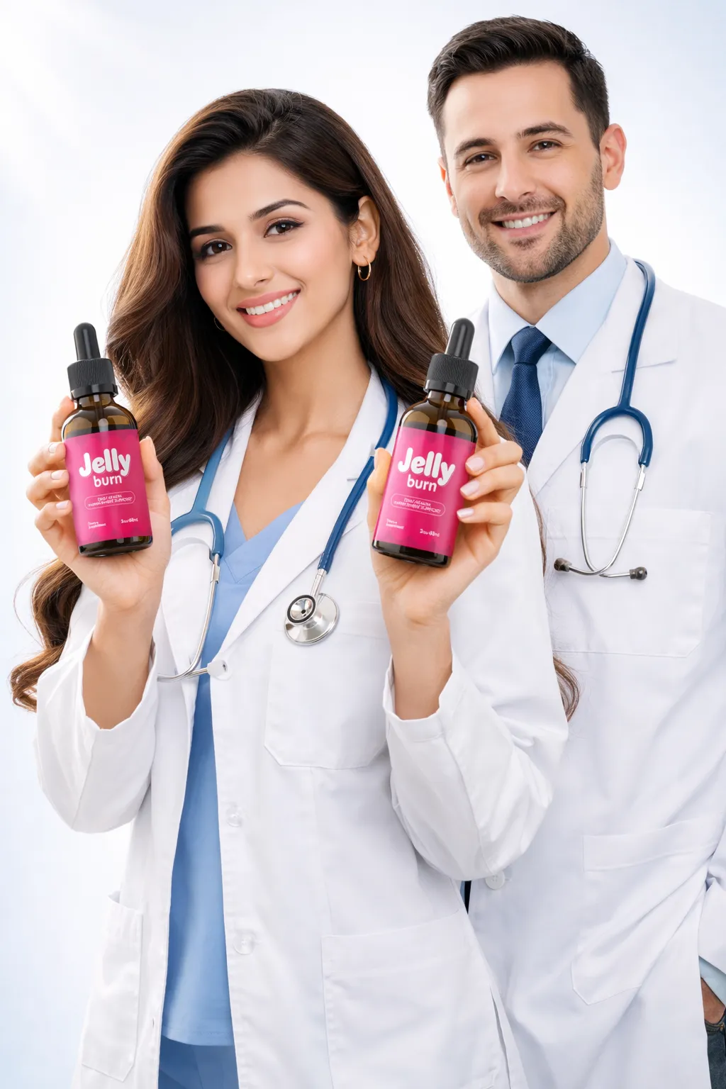 A smiling female and male doctor holding 'Jelly burn' supplement bottles.