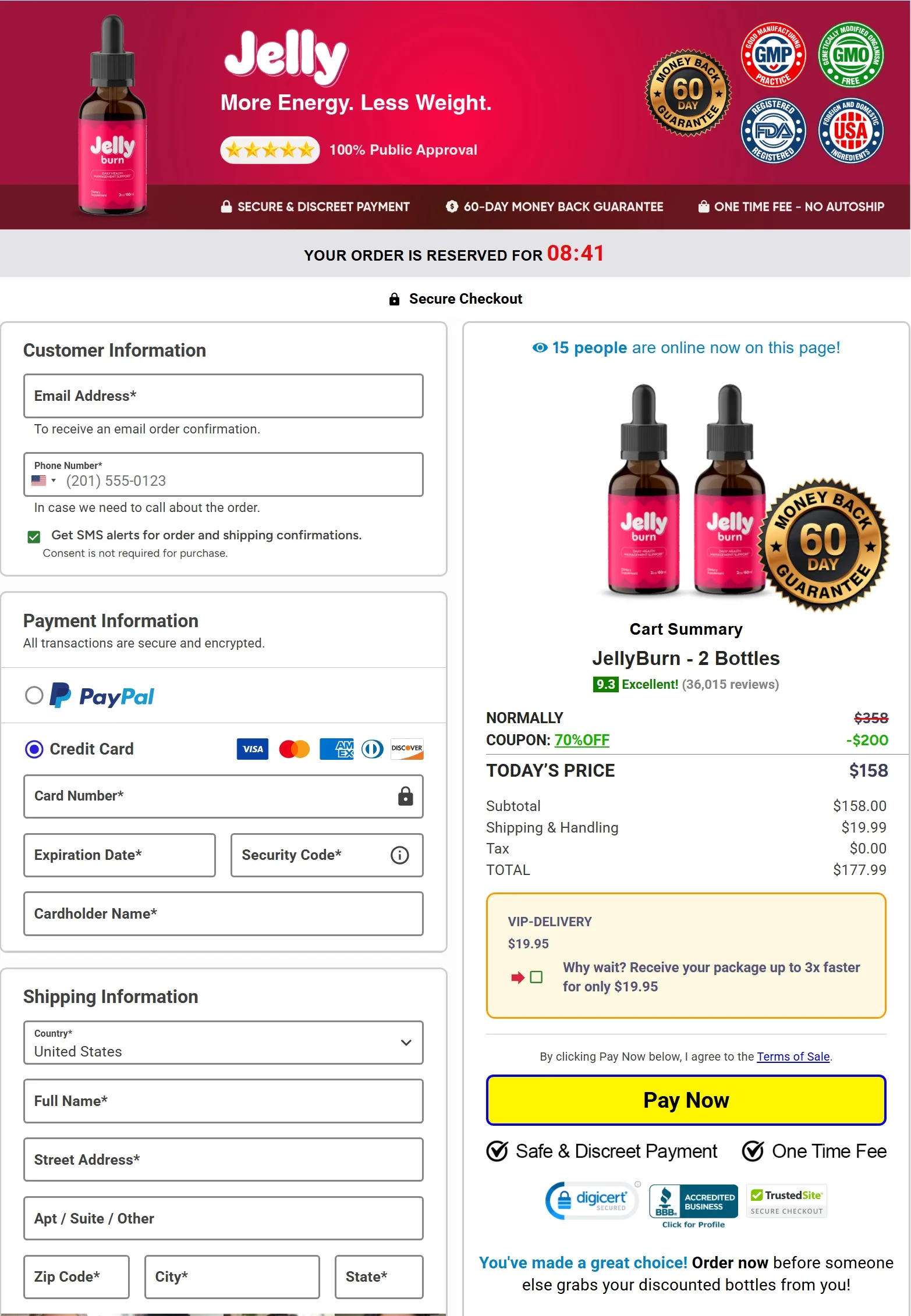 Jelly Burn secure checkout page showing 6-bottle best value pack discount with 3 free bonus ebooks and 60-day guarantee.