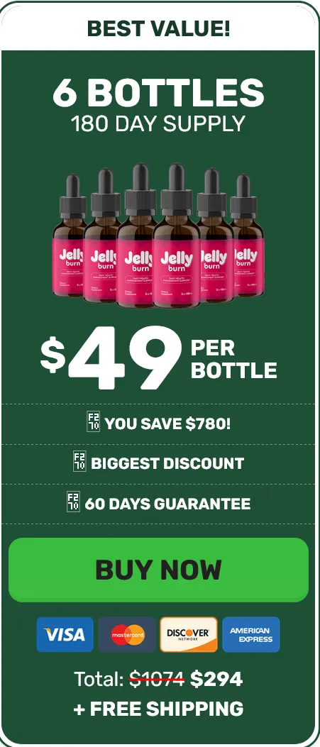 Jelly Burn 6-bottle basic pack price discount with 60-day money-back guarantee.