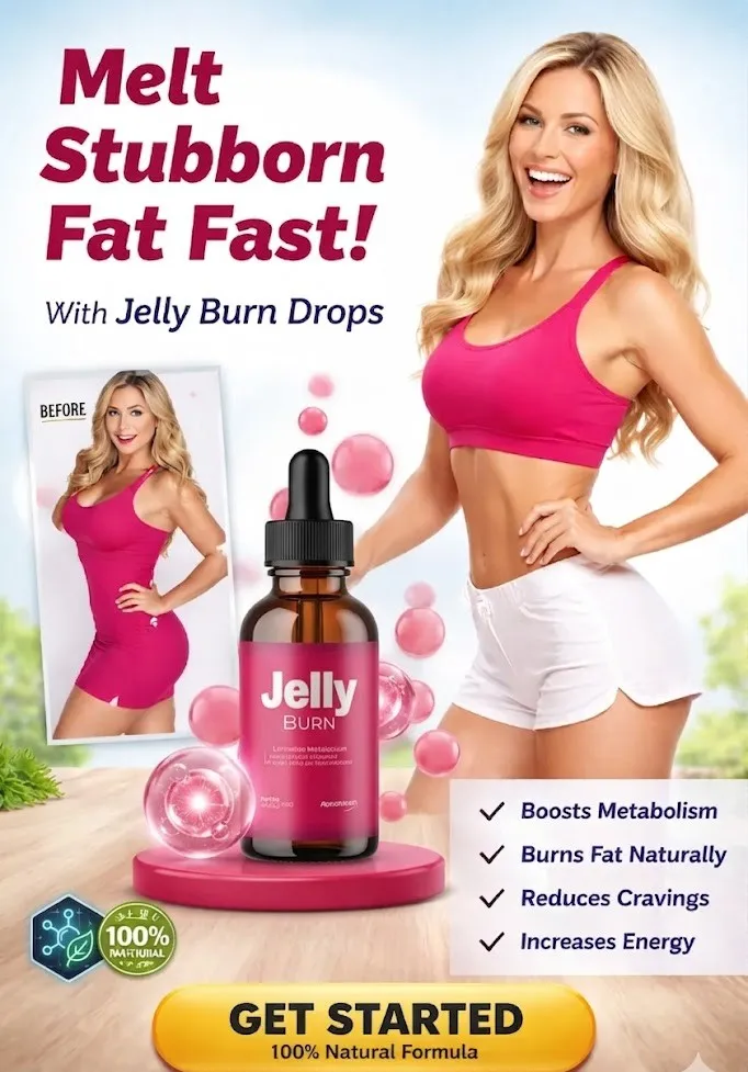   Jelly Burn promotion showing a fit woman's weight loss transformation.