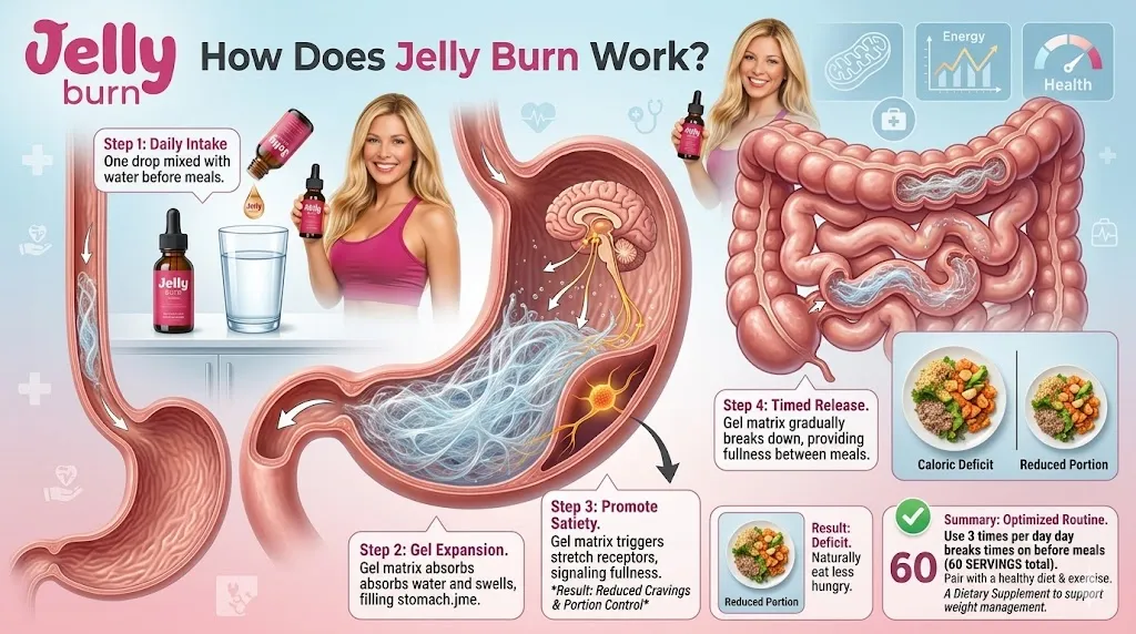  Infographic showing how Jelly Burn drops work for appetite control and weight management.